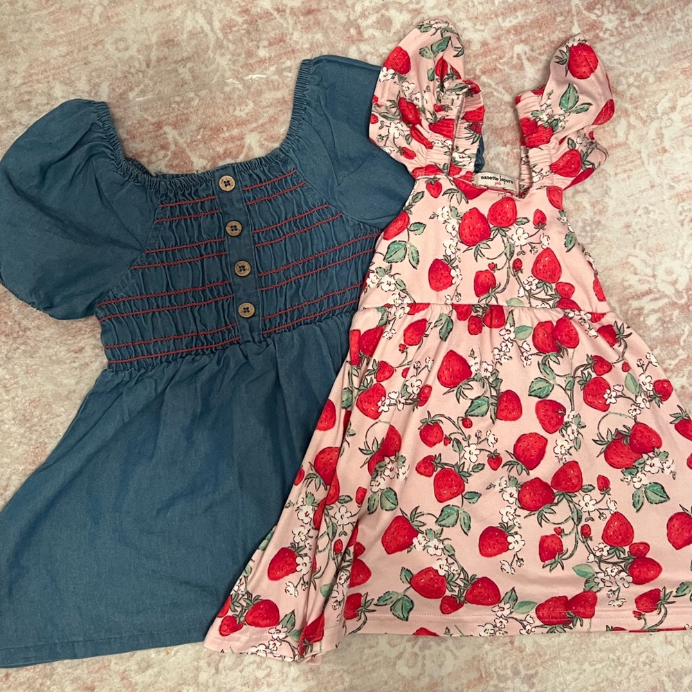 2 piece bundle of Nanette Lepore dresses. Denim with red smocking + Strawberry 🍓